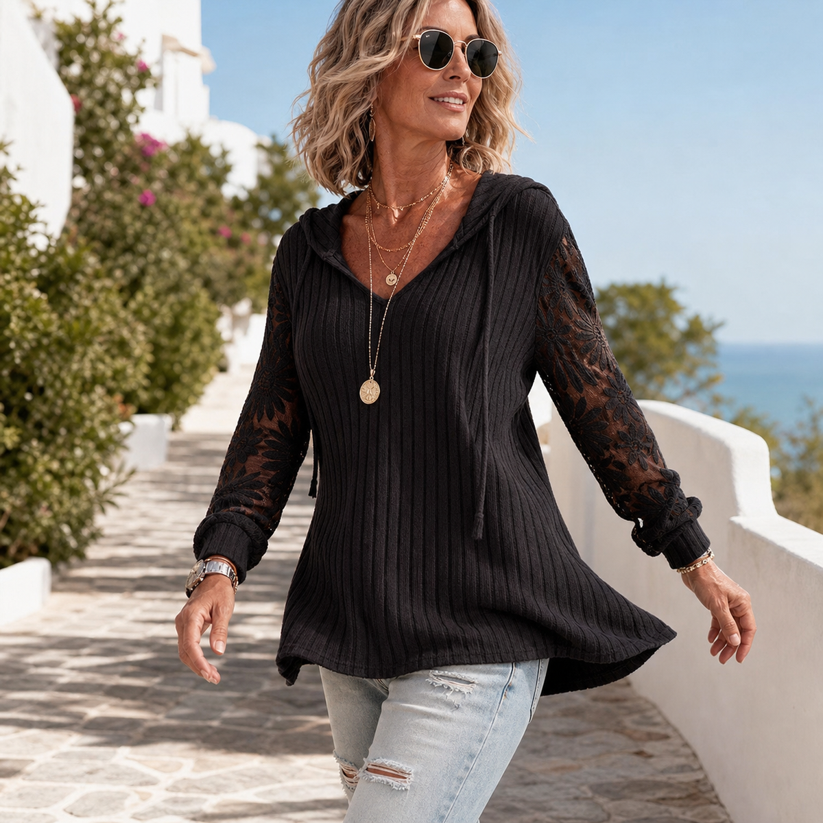 Orietta Zanicchi™ Elegant Hooded Cardigan with Romantic Lace Trim