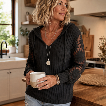 Orietta Zanicchi™ Elegant Hooded Cardigan with Romantic Lace Trim