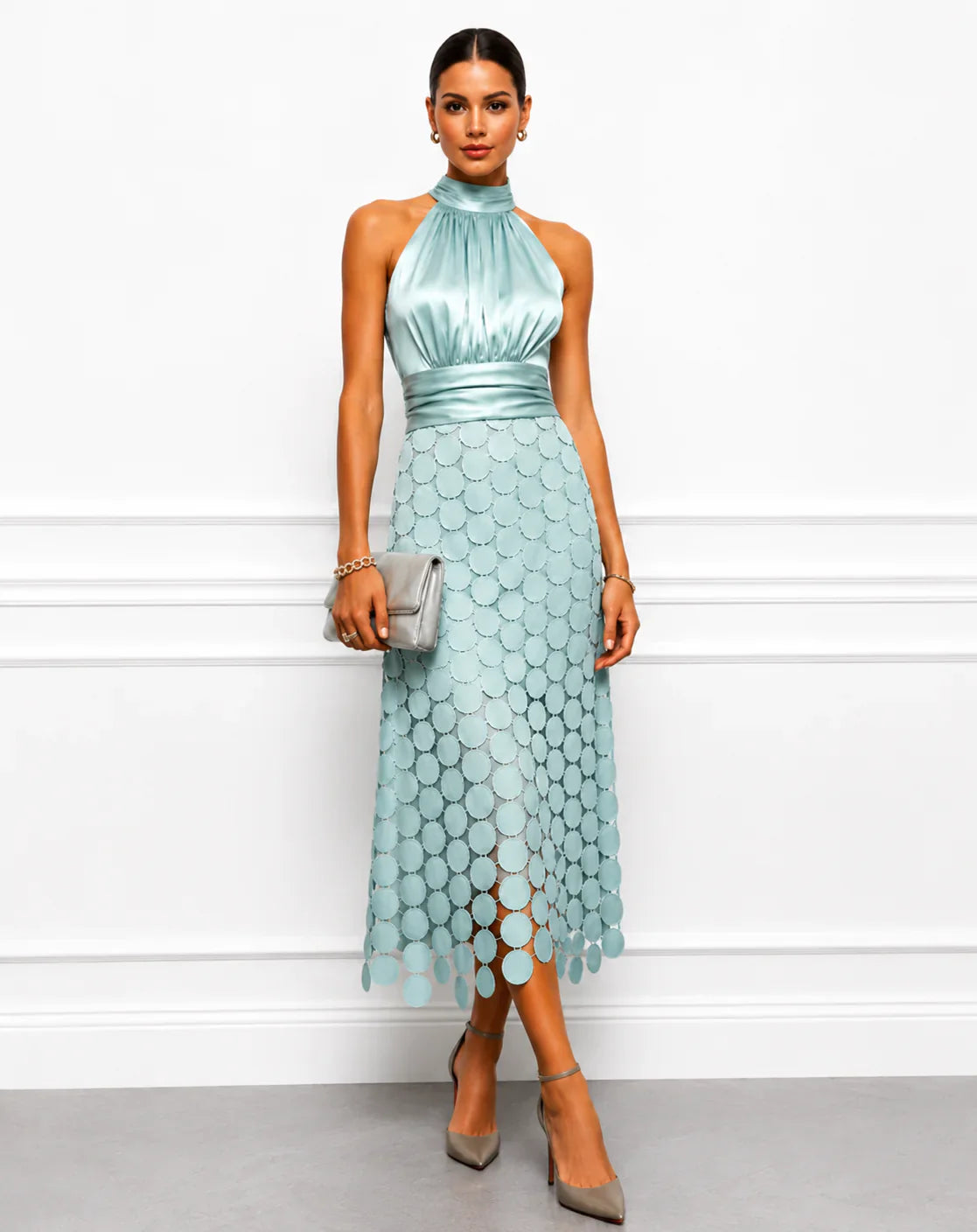 Orsola Luxe Halter Midi Dress - main front view of the flattering halter midi dress