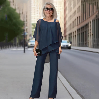 Palmira Women's Asymmetric Chiffon Top and Wide Leg Pants Two-Piece Set - front hero view