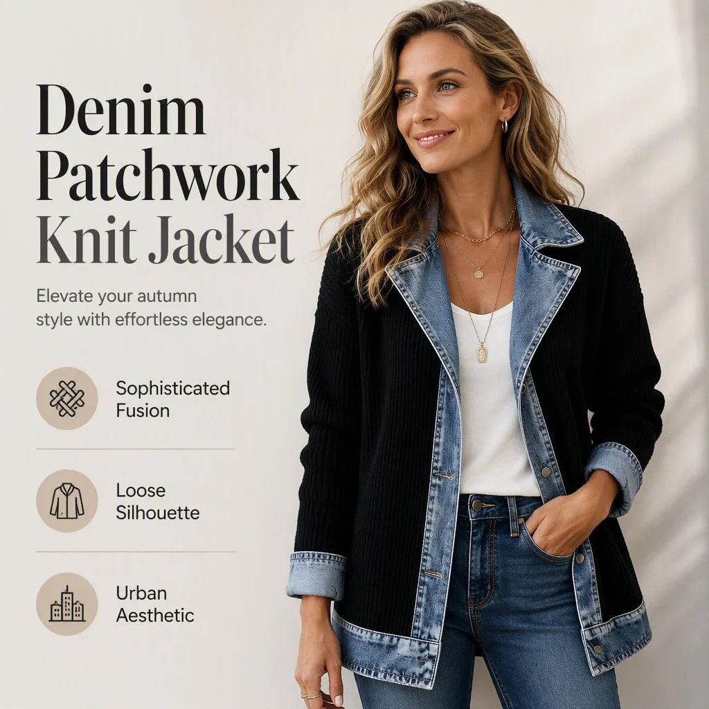 Patrizia Women's Elegant Denim Spliced Ribbed Knit Coat - main front view
