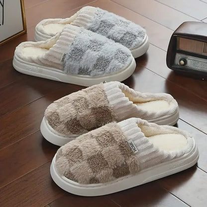 Plushetta Cozy Sherpa House Slippers - fuzzy checkerboard plush platform slides main product view