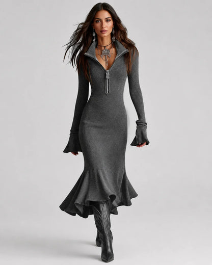 Quirina Spinola Elegant Bell Sleeve Skirt - main product view with front zipper collar and bell sleeves