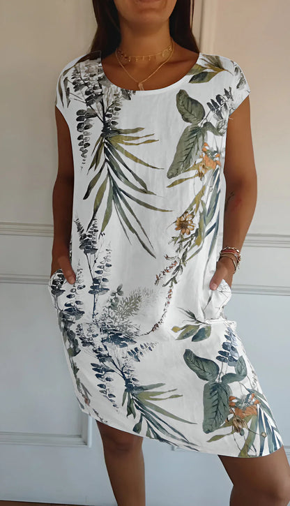 Raffaella Women's Cotton Linen Dress with Round Neckline and Print - main front view