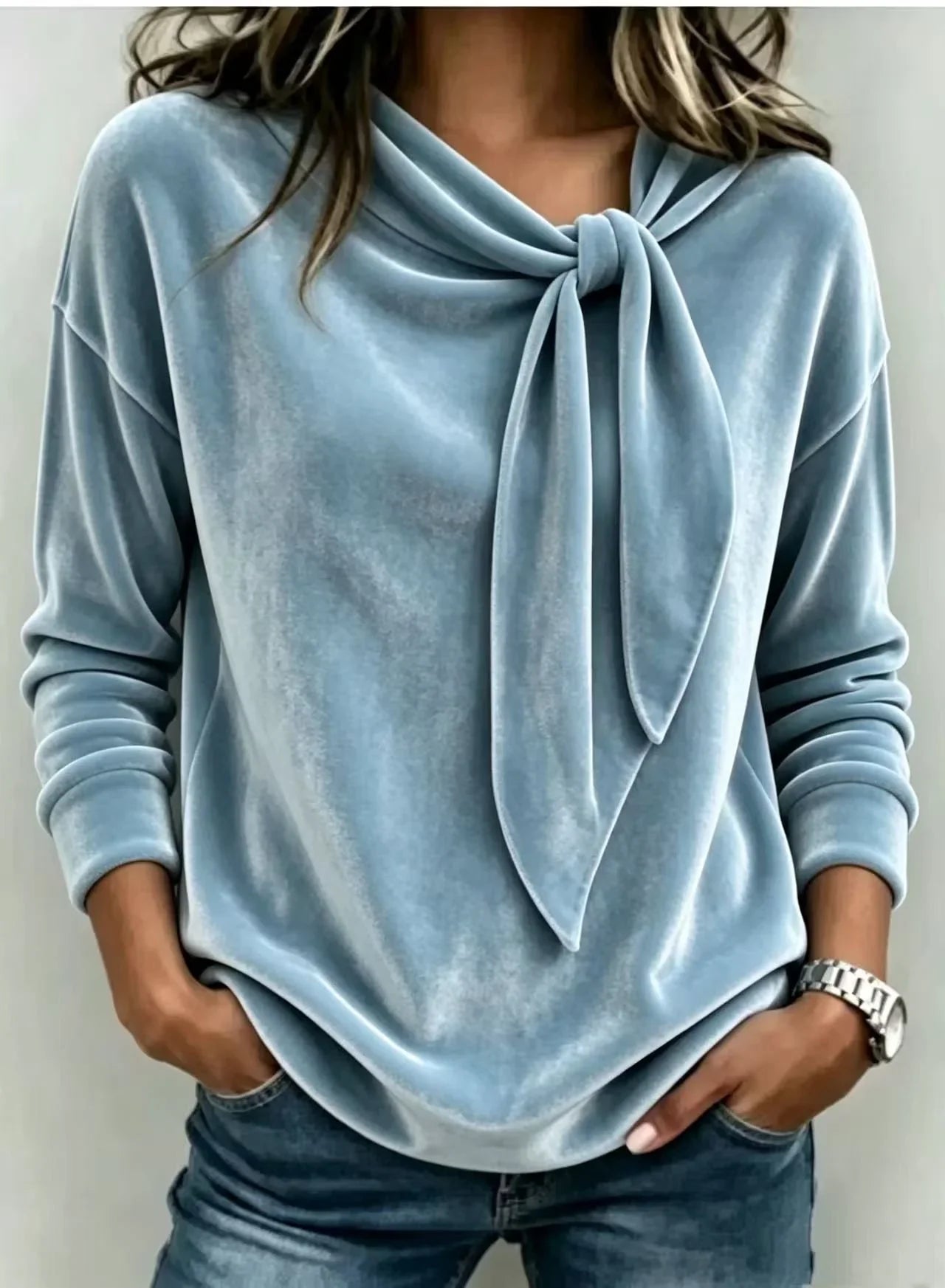 Rebecca Fall Women Velvet Bow Tie Neck Long Sleeve Top - main front product view