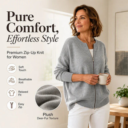 Renza Women's Casual Knit Zip Jacket - main front view of cozy knit zip jacket