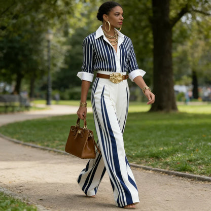 Romilda Romilda Pinardi Polished Striped Two Piece Set - back view of striped shirt and wide-leg pants