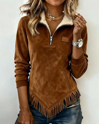 Sabina Half-Zip Fringe Sweatshirt - main front view of asymmetric design sweatshirt