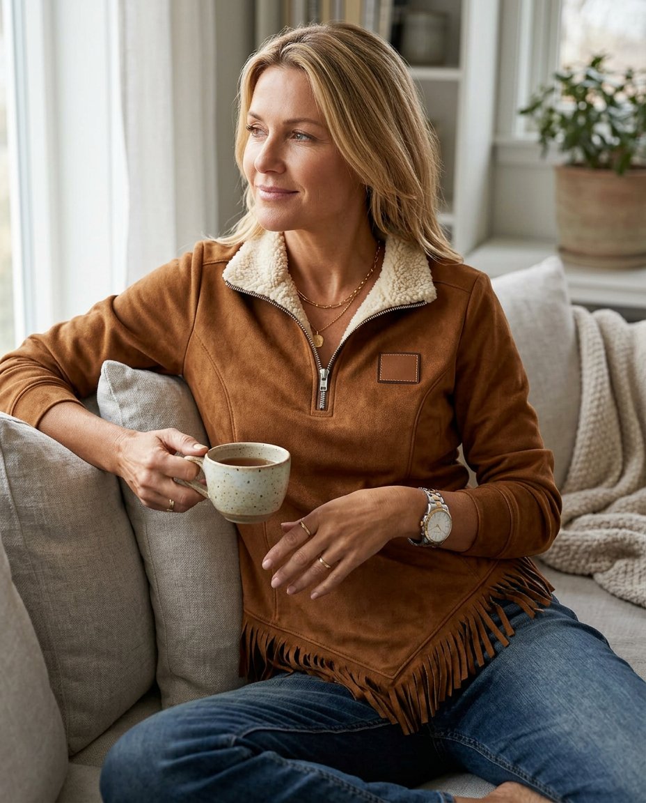 Sabina Avellino™ Half-Zip Fringe Sweatshirt for Effortless Style