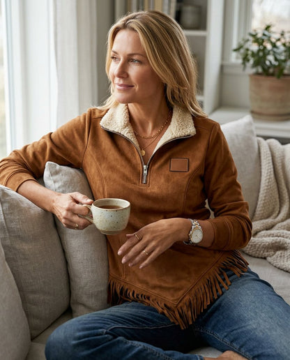 Sabina Avellino™ Half-Zip Fringe Sweatshirt for Effortless Style