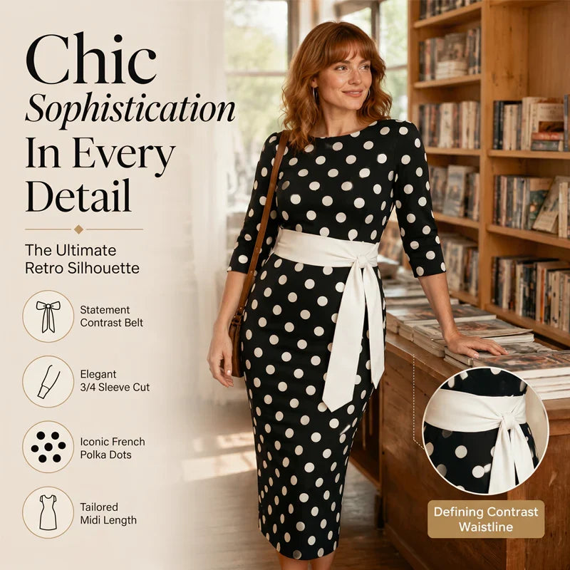 Sabina Elegant Retro Polka Dot Dress - main front product view