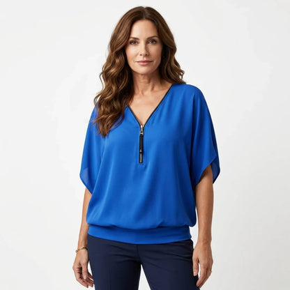 Sara Falivene Breathable Chiffon Top - main front view of women's casual chiffon top with neck zipper