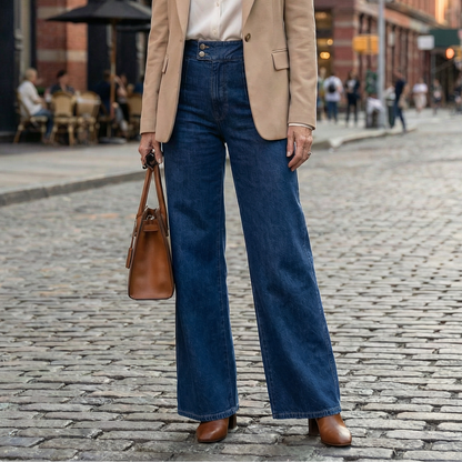 Woman in a beige blazer and blue jeans standing on a city street.
