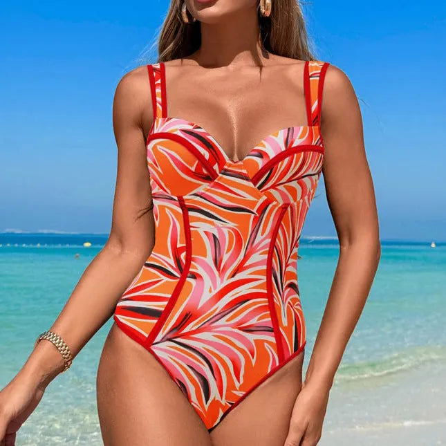 Slendella Slimming One-Piece Swimsuit - detail of neckline and slimming silhouette