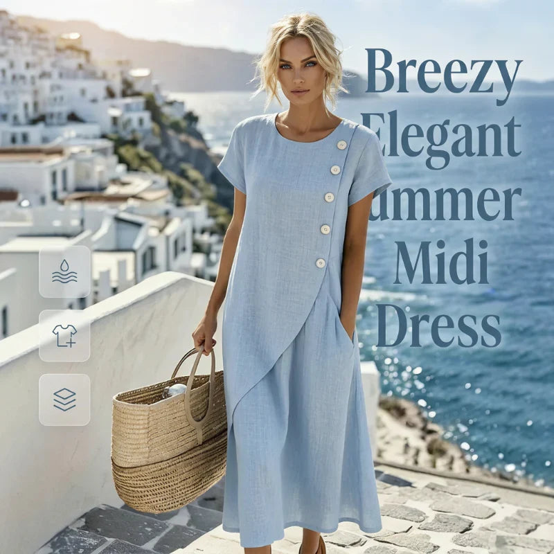 Ugolina Elegant Round Neck Summer Dress - main front view of solid-colored dress for women