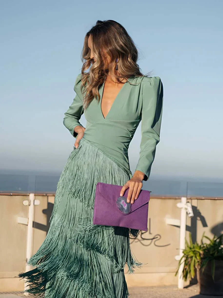 Ursola Abbondanza™ Elegant Fringed Midi Dress for Dressy Occasions