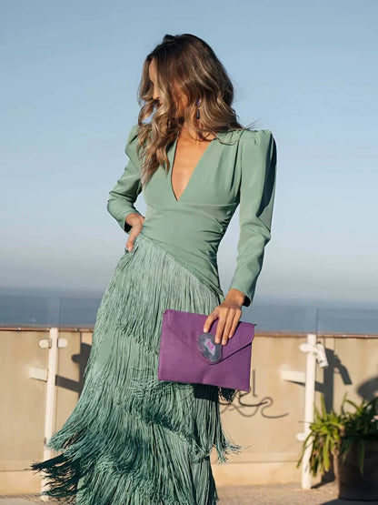 Ursola Abbondanza™ Elegant Fringed Midi Dress for Dressy Occasions