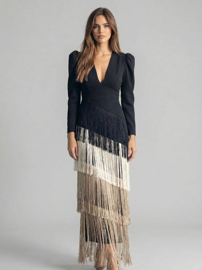 Ursola Abbondanza™ Elegant Fringed Midi Dress for Dressy Occasions