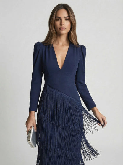 Ursola Abbondanza™ Elegant Fringed Midi Dress for Dressy Occasions