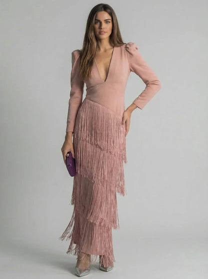 Ursola Abbondanza™ Elegant Fringed Midi Dress for Dressy Occasions