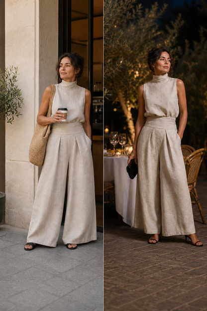 Valeria Quadrelli™ Lightweight Sleeveless Top and Wide-Leg Pants Set in a Relaxed Style