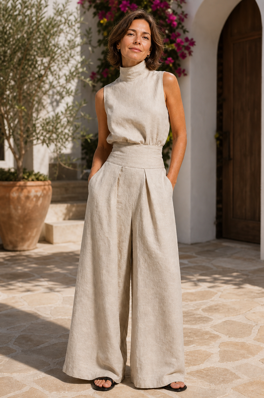 Valeria Quadrelli™ Lightweight Sleeveless Top and Wide-Leg Pants Set in a Relaxed Style