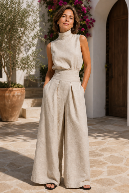 Valeria Quadrelli™ Lightweight Sleeveless Top and Wide-Leg Pants Set in a Relaxed Style