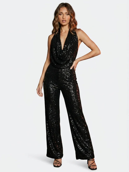 Vanda Bindi Elegant Sequined Jumpsuit - main front view of solid-color sequined jumpsuit with tie detail