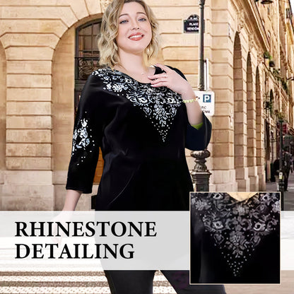 Viviana Cristozzi Elegant Velvet Crystal Set - full length view of velvet blouse and pants ensemble