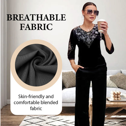 Viviana Cristozzi Elegant Velvet Crystal Set - women's velvet pants detail and drape view