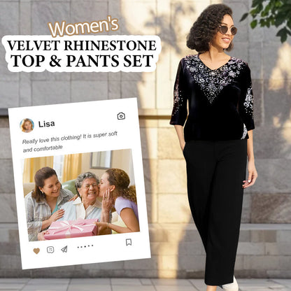 Viviana Cristozzi Elegant Velvet Crystal Set - women's velvet blouse with crystals and pants front view