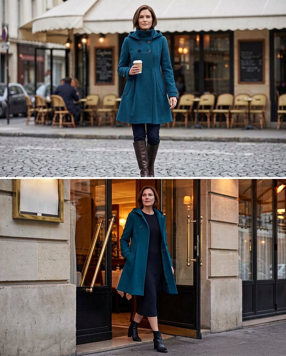 Wanda Salvadori™ Elegant Hooded Swing Coat for Cold Outings