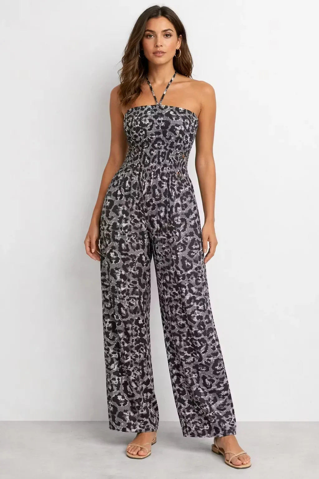 Yara Women's Stylish Leopard Print Loose Jumpsuit - main front view of leopard print jumpsuit